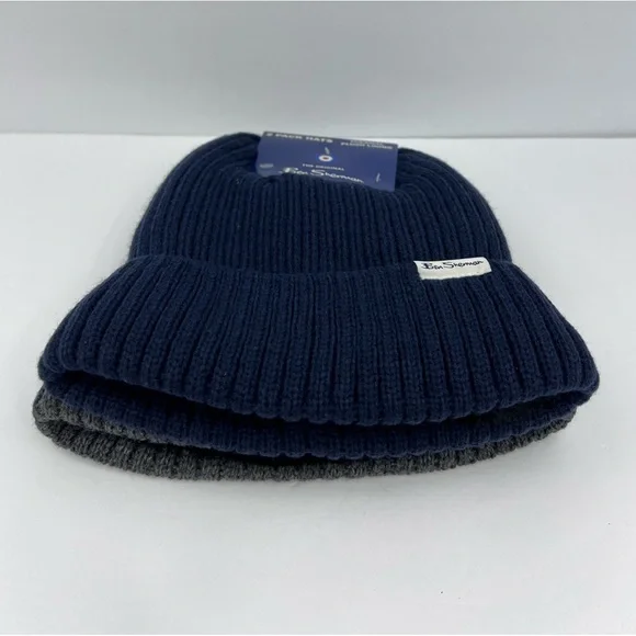BEN SHERMAN, 2 PACK BEANIE SET, THERMAL PLUSH LINING UNISEX, ONE SIZE,GREY, NAVY - Picture 5 of 15